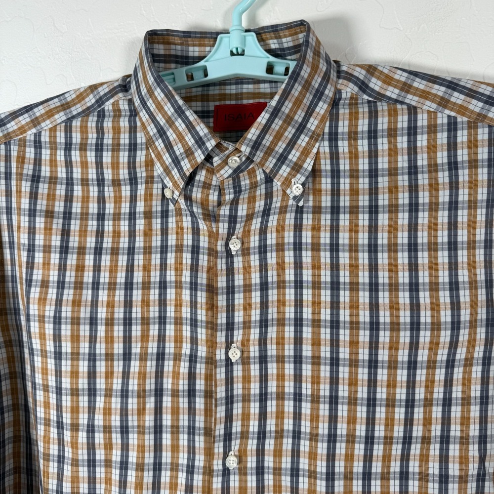 Isaia Napoli Shirt‎ Mens 17.5 / 44 Brown White Button Down Long Sleeve Plaid